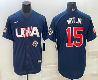 Mens USA Baseball #15 Bobby Witt Jr 2023 Navy World Baseball Classic Stitched Jersey